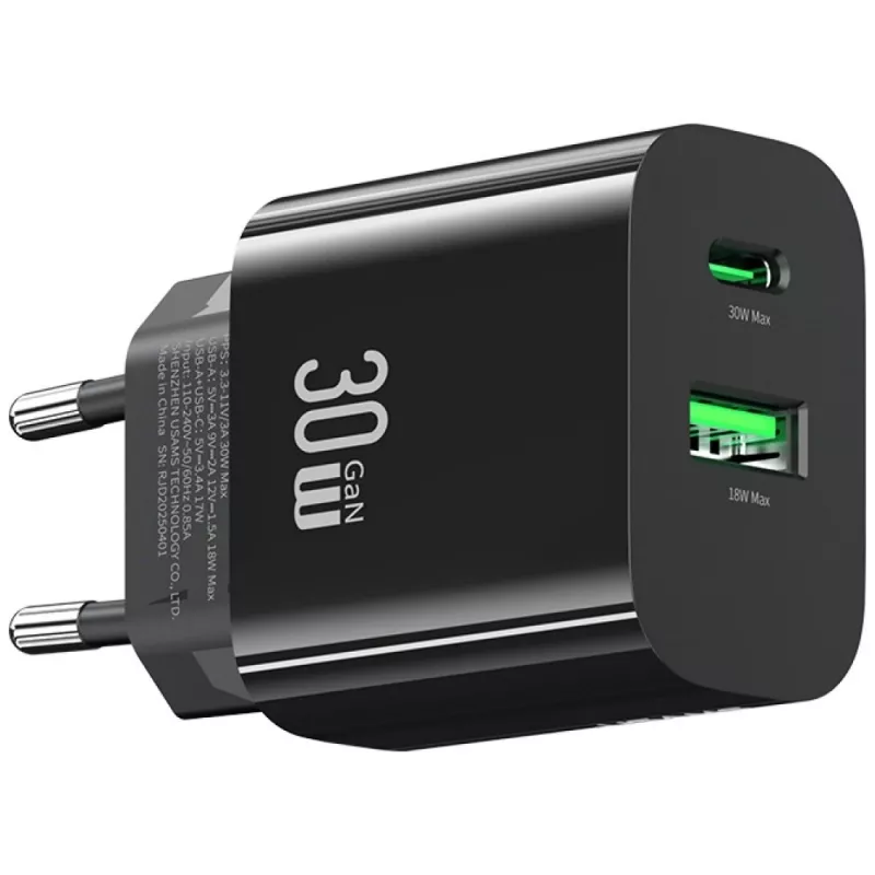 usams Charger USA001631 30W with 1x USB-C and 1x USB-A fast charging