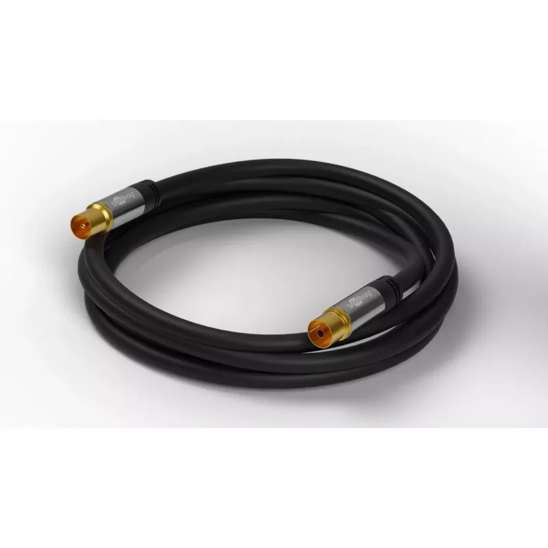 Goobay TV Antenna Cable (135 dB Type), 4x Shielded, 2 m, Black - Gold-Plated, Koax-Socket > Coax Plug (70367)