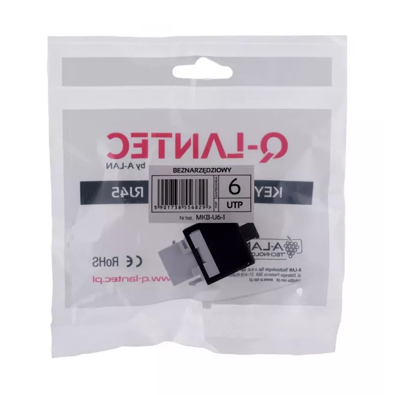 Keystone jack A-LAN MKB-U6-1 — RJ45 U/UTP Cat6, 22/26 AWG, black/white ABS housing