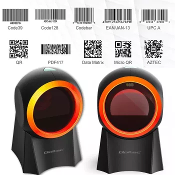 Wired desktop barcode scanner QOLTEC 50857 — 1D/2D, USB, ABS housing, black, 1.75 m cable