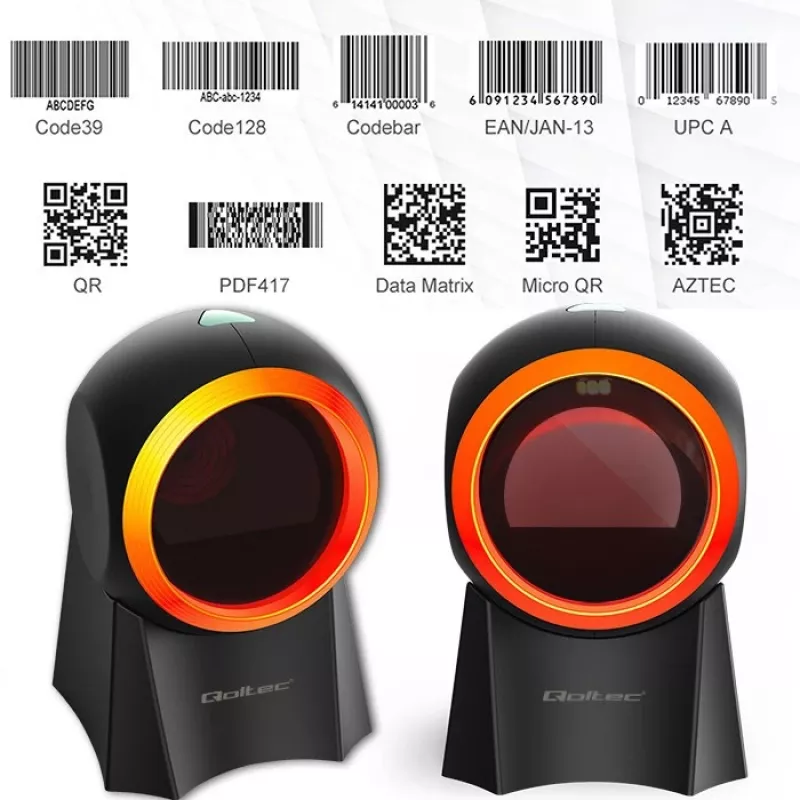 Wired desktop barcode scanner QOLTEC 50857 — 1D/2D, USB, ABS housing, black, 1.75 m cable