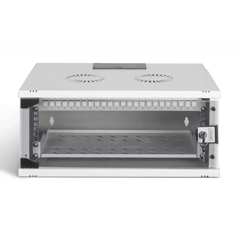 DIGITUS SOHO Pro 4U Wall-Mount Network Set, 19 inch 540x400mm, Light Grey, Includes Cat.6 Patch Panel, Shelf, Power Strip