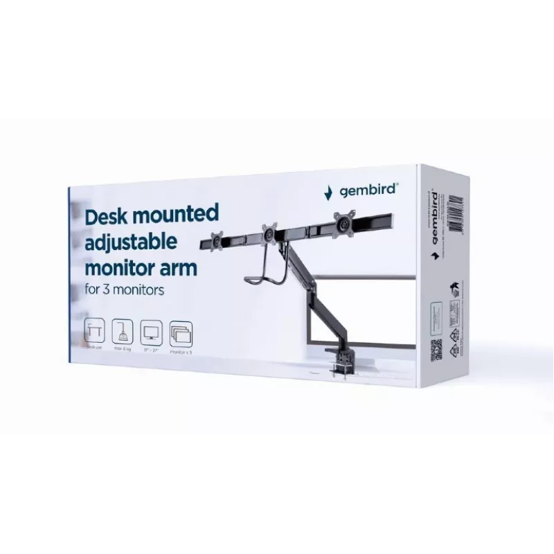 Desk monitor mount GEMBIRD MA-DA3-03, 3-arm, gas spring, VESA 75–100x100, supports 3 displays up to 27 inch, max 18 kg, black