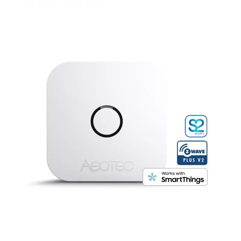 Indoor temperature and humidity sensor AEOTEC AEOEZWA039 — freestanding, battery-powered, 34×34×17 mm