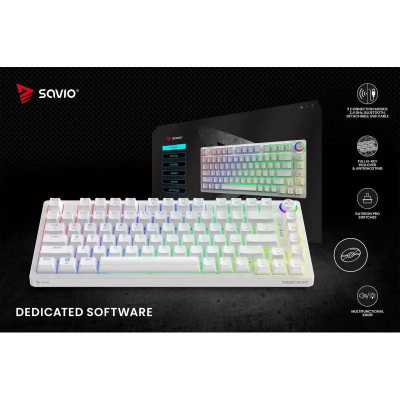 SAVIO PHENIX WHITE Wireless Mechanical Keyboard, Gateron Red Pro, ABS