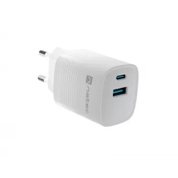 Wired mobile device charger NATEC NUC-2140, 30W, USB-C PD 3.0 + USB-A, Samsung AFC, White