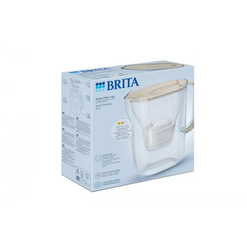 Water filter jug BRITA Style Essential pitcher, 2.4 L tank (1.4 L filtered), MAXTRA, flip-top lid, Sand