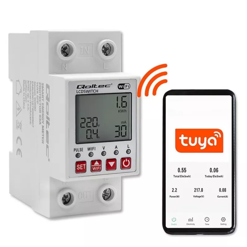 DIN-rail WiFi relay QOLTEC 50990, single-channel, 63A switching for electricity metering and remote control