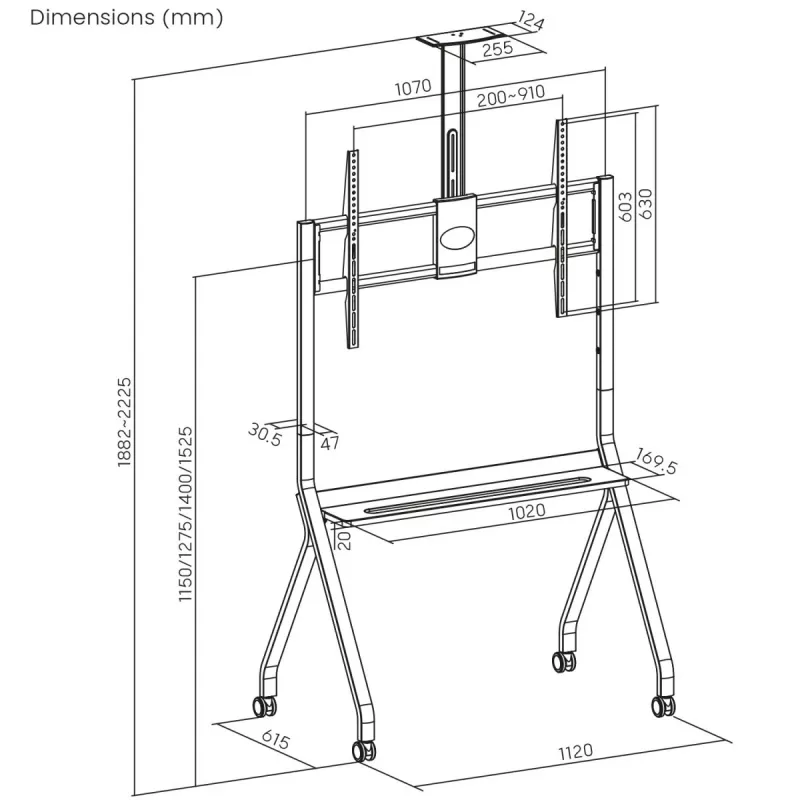 TV stand MACLEAN MC-114 B portable floor stand for 55–100 inch screens, max load 120 kg, VESA 200x200–900x600, height 115–152 cm, black, shelf