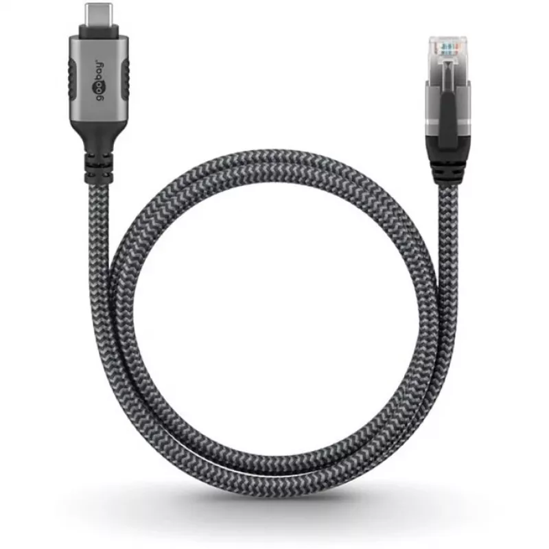 Ethernet-Cable USB-C 3.2 Gen2 Plug > RJ-45 Plug (black/Silver, 5 Meter, braided textile jacket)