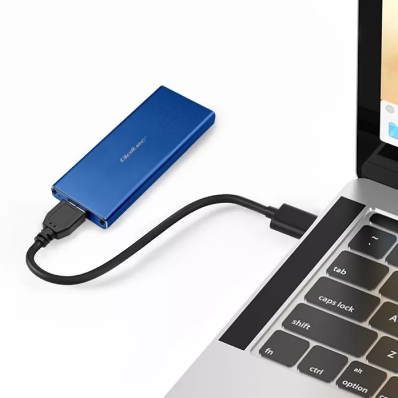 SSD enclosure QOLTEC 51832 — external M.2 SATA, USB 3.0, up to 2TB, blue, supports 30 mm drives, 4 slots