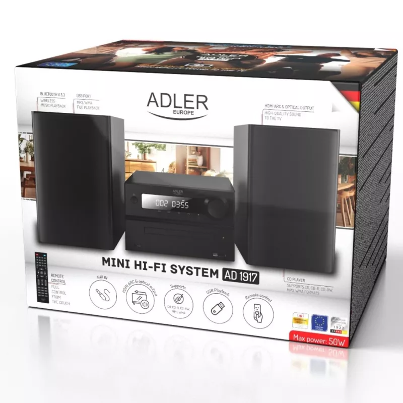 Mini Hi‑Fi Stereo System Adler AD 1917 — Bluetooth V5.3, CD/USB/MP3, 2×25W RMS, FM tuner, 4‑band EQ, AUX, Black