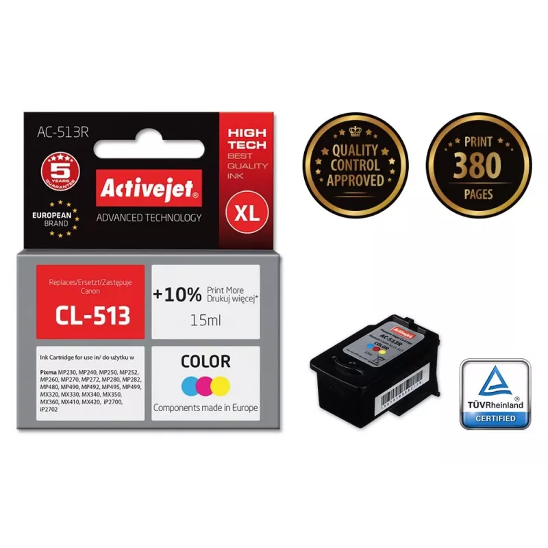 Ink cartridge ActiveJet AC-513R compatible for Canon CL-513, 15 ml dye-based, XL high-yield, color (C/M/Y), refurbished premium