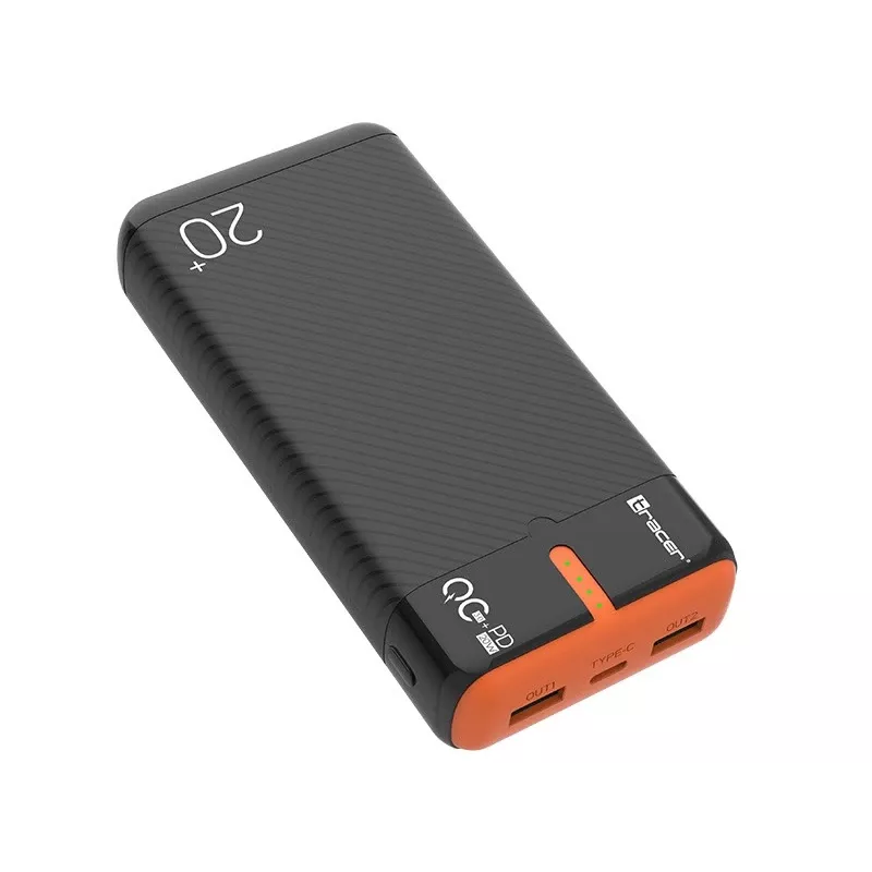 Portable charger TRACER EnerGen 20000 mAh, Power Delivery 20W, USB-C input, 2×USB-A outputs, 3-device support, orange
