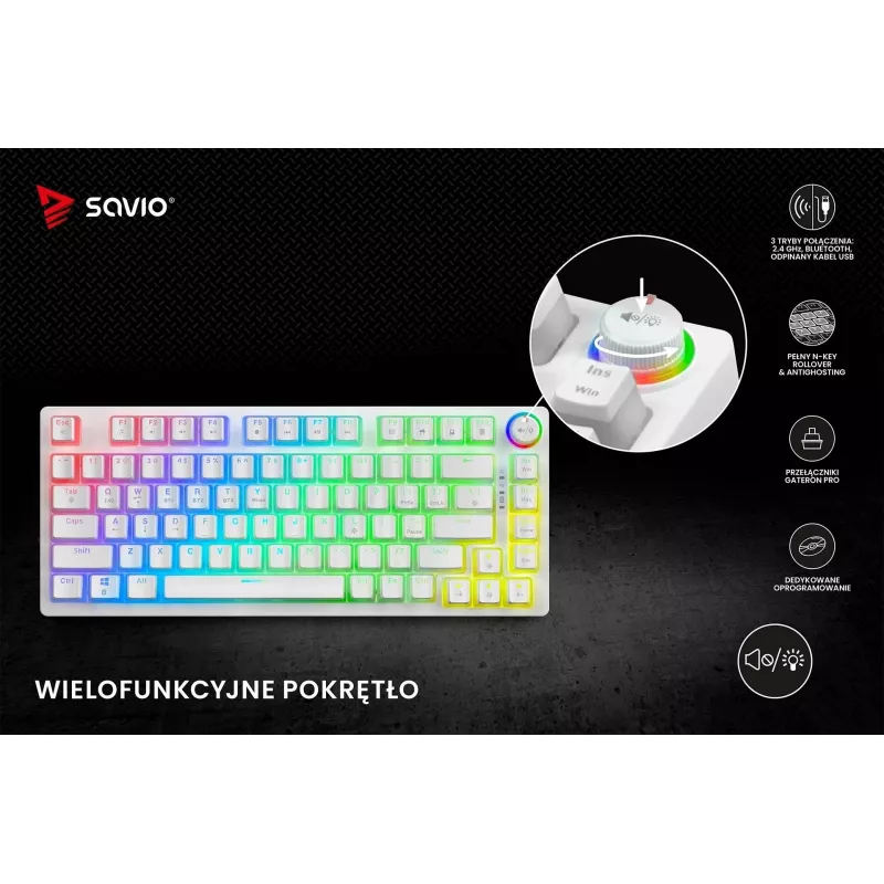 Gaming Keyboard Savio Phenix WHITE GAT RED PUD Wired Wireless USB Bluetooth RGB LED