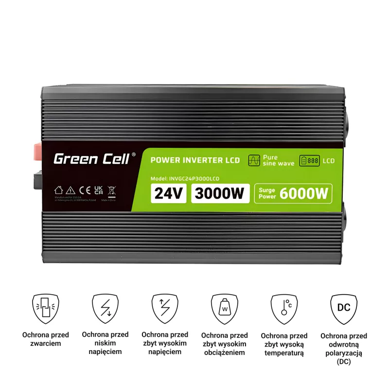 Car inverter Green Cell INVGC24P3000LCD 24V 3000W Pure Sine Wave, 230V 50Hz, LCD, Type F