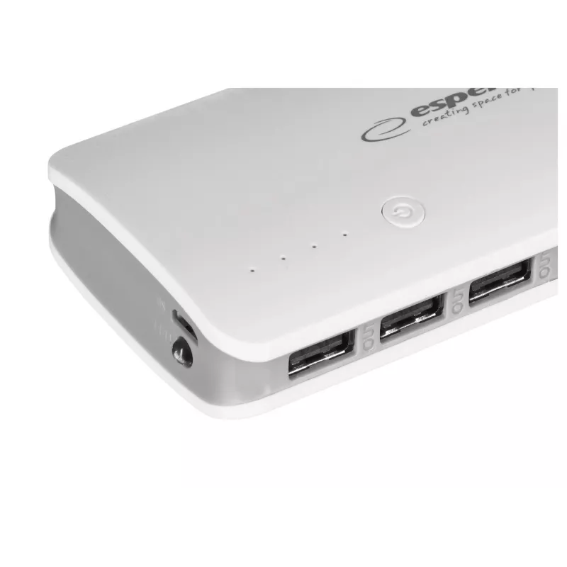Portable charger Esperanza EMP106WE Radium — 8000 mAh, 3-device output, Micro-USB input, 5V/2A & 5V/1.5A/1A outputs, grey
