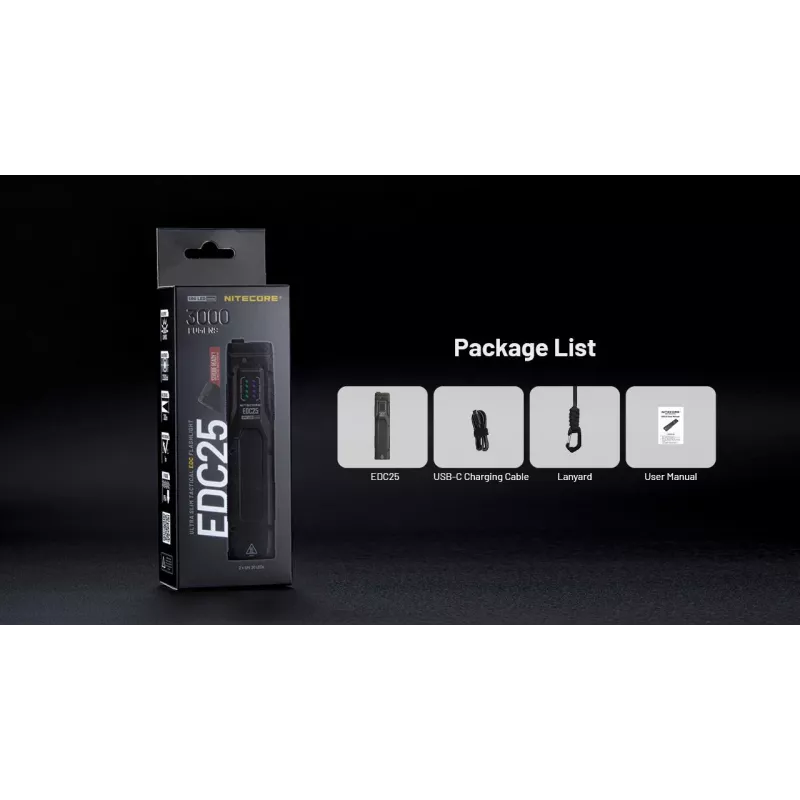 Tactical flashlight Nitecore EDC25 — dual-LED, 15 lm, aluminium body, USB-rechargeable, IP54, shockproof, black