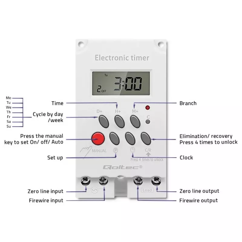 DIN-rail electronic timer QOLTEC PC0629 — 24V supply, 16A output