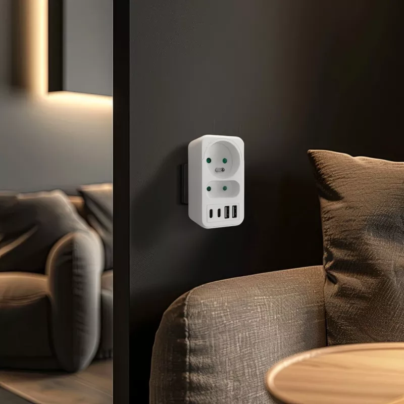 Power splitter MACLEAN MCE249 F/W — 2x mains sockets (16A + 6A) and 4x USB (2x A, 2x C PD 20W)