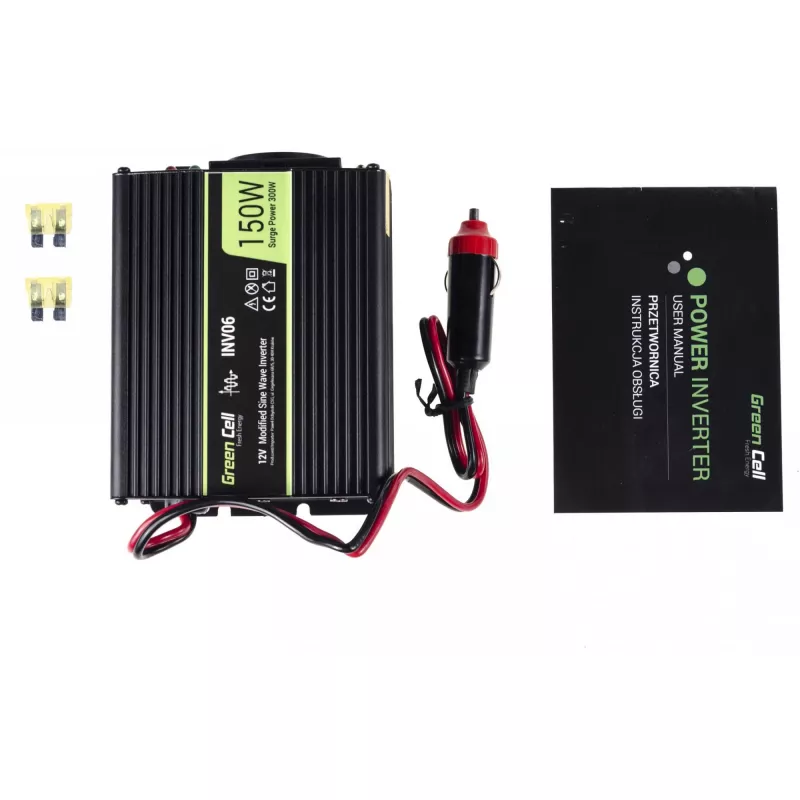 Inverter power adapter Green Cell INV06 12V to 230V 150W 50Hz Type C plug, 85% efficiency, black