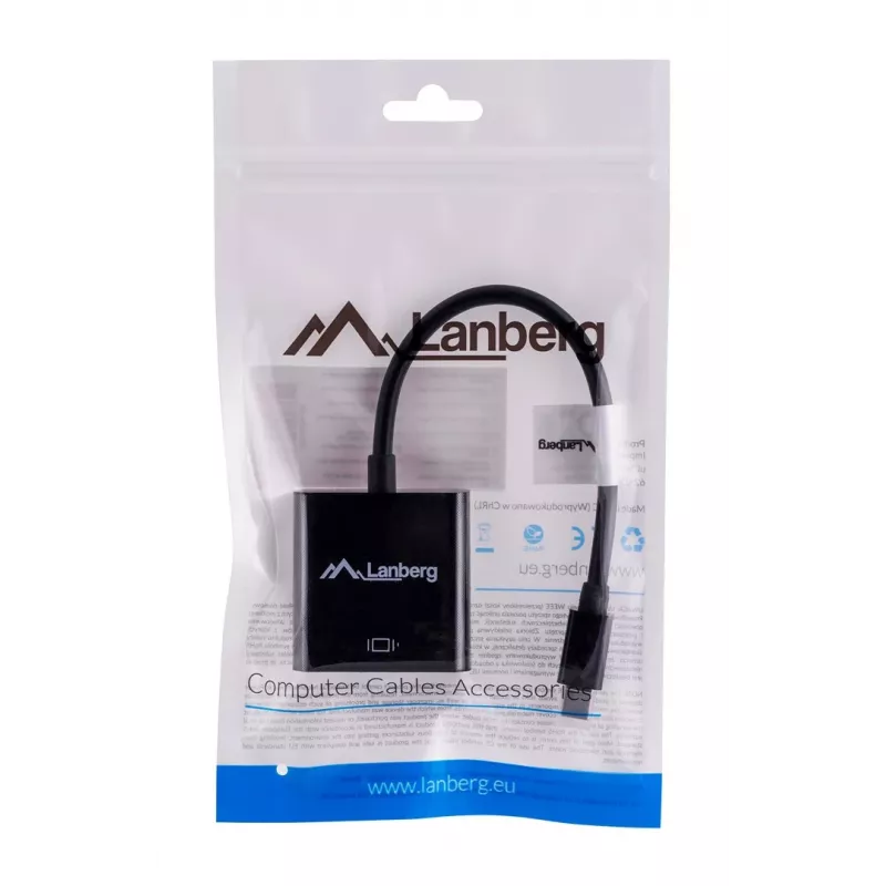 VGA (D-Sub) to Mini DisplayPort adapter cable LANBERG AD-0006-BK, 0.2 m, DisplayPort 1.2, 1920×1200@60Hz, female MiniDP, black