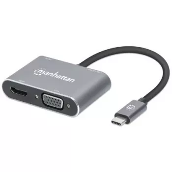 Manhattan USB-C Dock/Hub, Ports (x4): HDMI, USB-A, USB-C and VGA, with Power Delivery (PD) 87W- requires external USB-C charger (not included). USB powered (no external power supply required) when PD is not in use, Aluminium