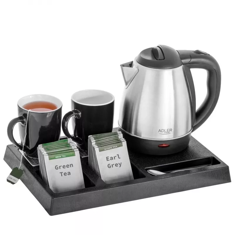 Adler AD 1354 Hotel kettle stainless steel 1.2 L + tray with cups black, steel