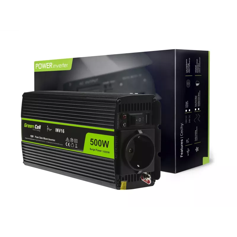Car Power Inverter Green Cell INV16 500 W DC 12 V to AC 230 V, 50 Hz, USB port, Active cooling, Black