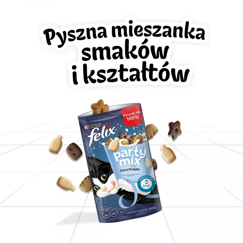 Cat treats Felix Party Mix Dairy Delight 60 g — crunchy milk-flavored snacks for adult cats, protein 35% fat 19.5%