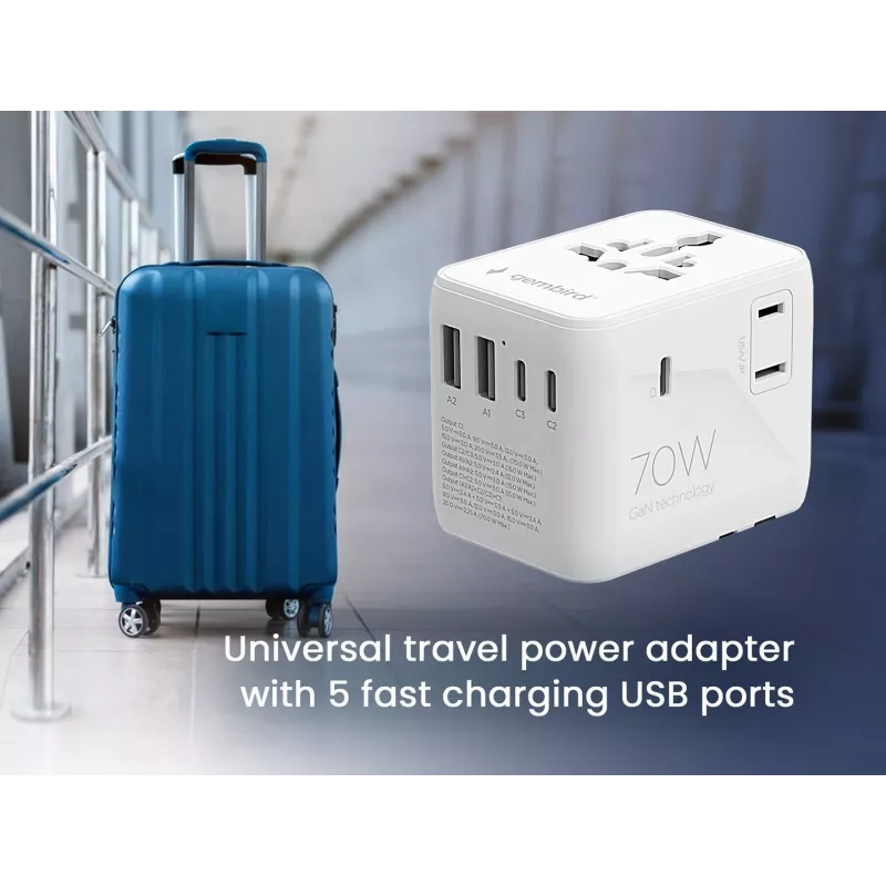 Travel adapter GEMBIRD TPA-2A3C70-01-W — Type I plug, 3× USB-C (70W), 2× USB-A (18W), 100–250V, white