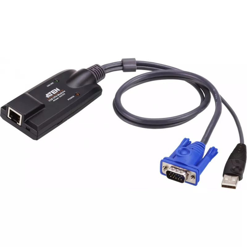 ATEN USB - VGA to Cat5e/6 KVM Adapter Cable (CPU Module), PS/2, PS/2, VGA, Black, Blue, Metallic, RJ-45, 1 x RJ-45