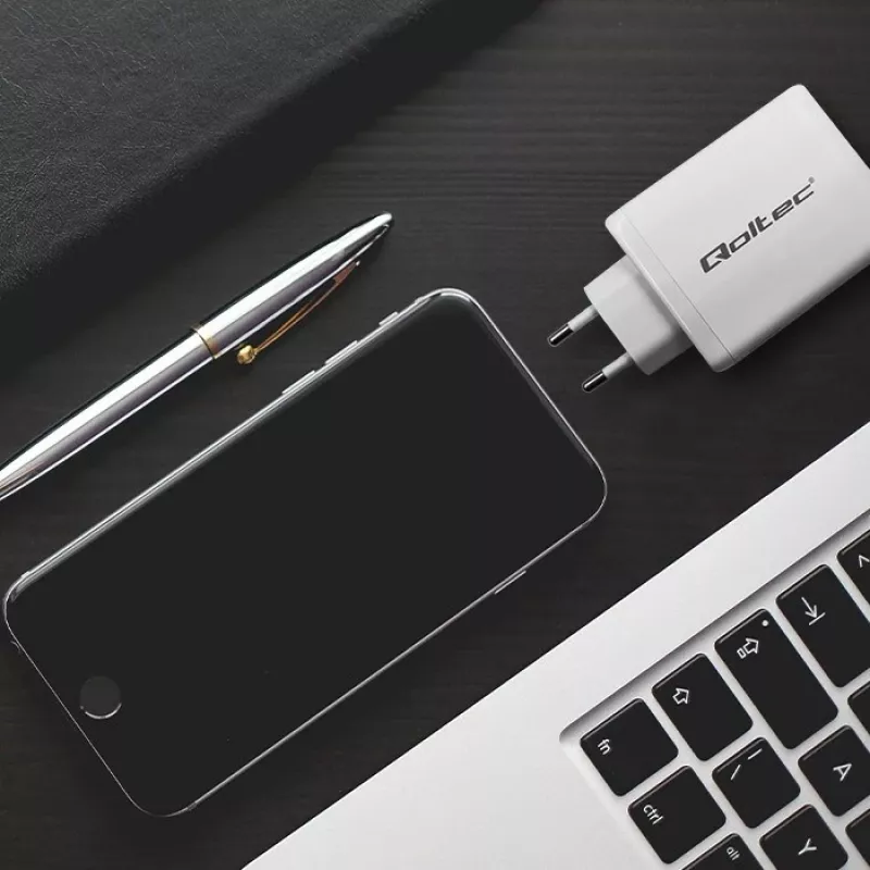 Charger QOLTEC 100W GaN USB-C Dual PD 5–20V 1.5–5A, 2×USB-C