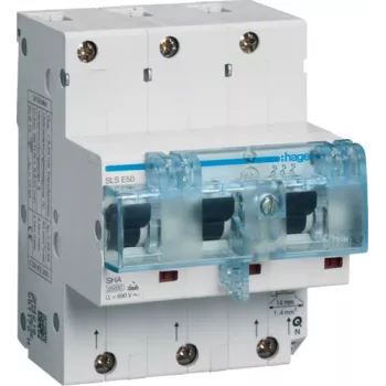 Hager HTN350E. Rated Current: 50 A. Module Quantity (max): 4,5 Module(e). Width: 85 mm, Depth: 81 mm, Height: 110 mm (HTN350E)