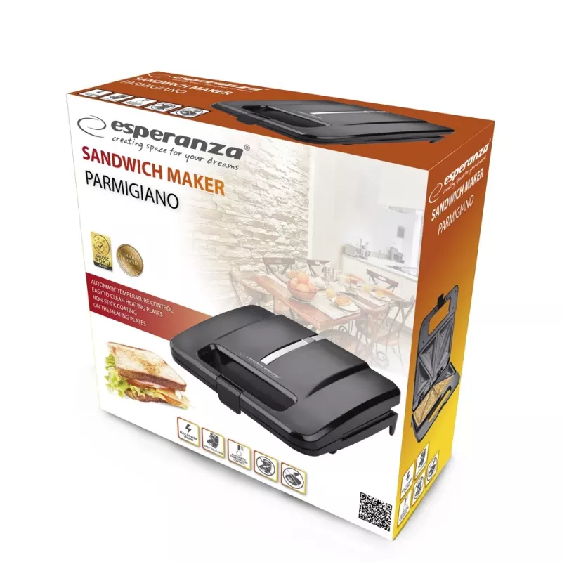Sandwich maker ESPERANZA PARMIGIANO 1000 W — 4 sandwiches, black, non-stick plates