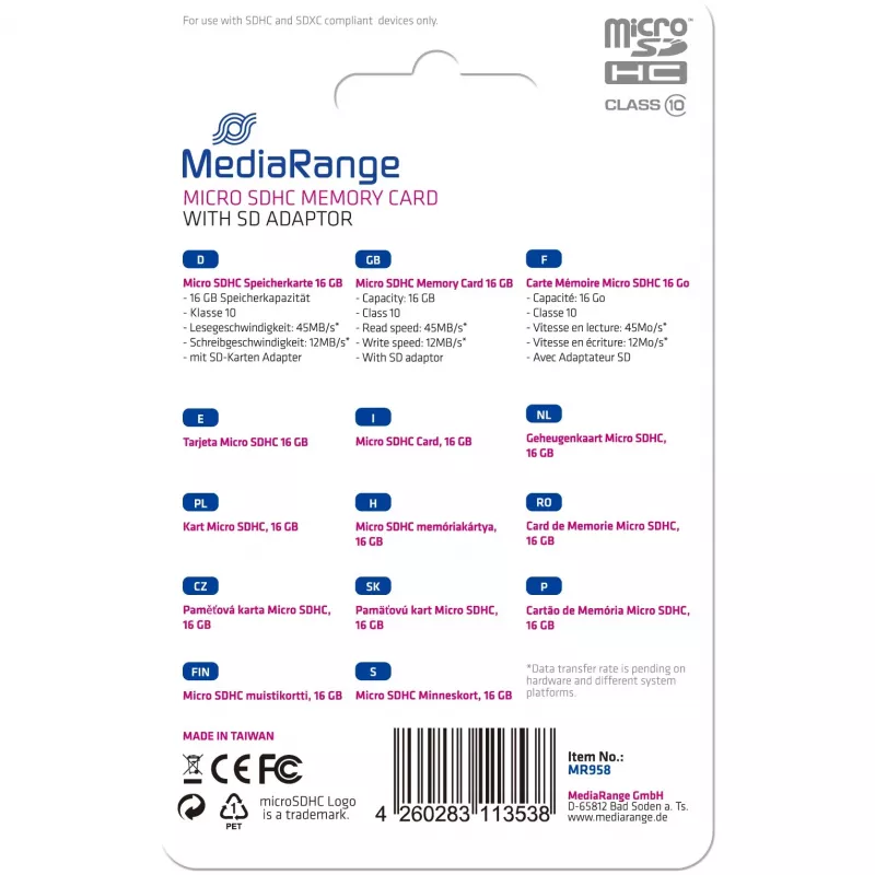 Memory Card MediaRange 16GB MicroSDHC Class 10 MR958