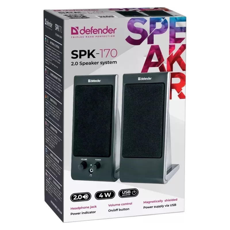 Desktop/Bookshelf Speakers DEFENDER SPK-170 2.0, 4 W RMS, wired USB 5 V, 3.5 mm, black