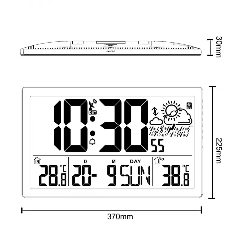 Wall clock GreenBlue GB218 — extra large LCD, weather station, indoor/outdoor temperatures, date display