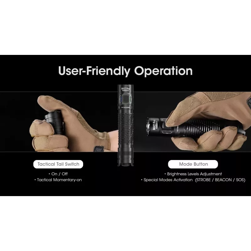 Hand flashlight Nitecore MH12 Pro Black LED 3300 lm USB-rechargeable 5300 mAh, aluminum, 138.5 mm, 81.5 g, waterproof 2 m
