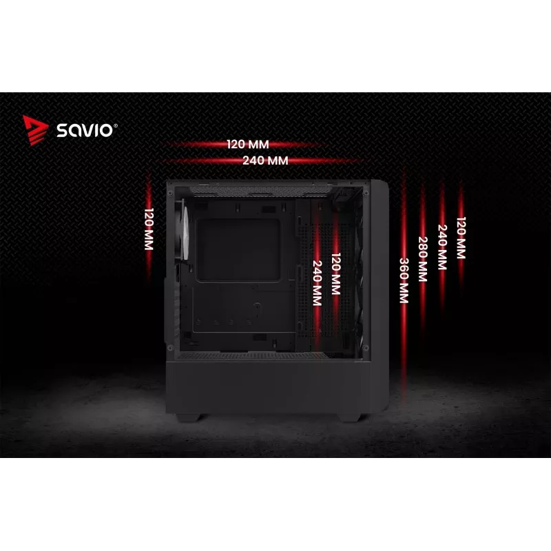 PC Cube Case SAVIO Noctis Glass RGB — Black, ATX/Micro-ATX, 210×410×450 mm, 3×120 mm front fans