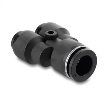 Pneumatic Y-connector DELOCK 2×8 mm to 1×12 mm with mounting hole, metal/plastic, female thread, 50.5 mm