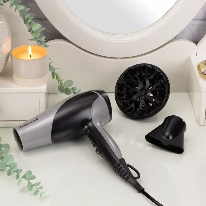 Hair dryer Remington D3190S — 2200 W, ionic, 3 heat levels, 2 speeds, cool shot, diffuser & concentrator (Silver/Black)