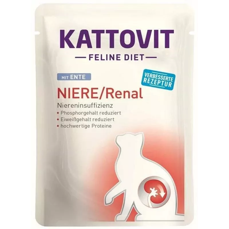 Wet cat food KATTOVIT Niere/Renal 85 g sachet — 12 x 85 g, poultry (beef, chicken, duck, turkey) for adult cats with renal insufficiency