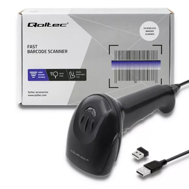 Handheld barcode reader QOLTEC 50868 — 1D/2D laser scanner, USB wired & wireless, working distance 600 mm, black