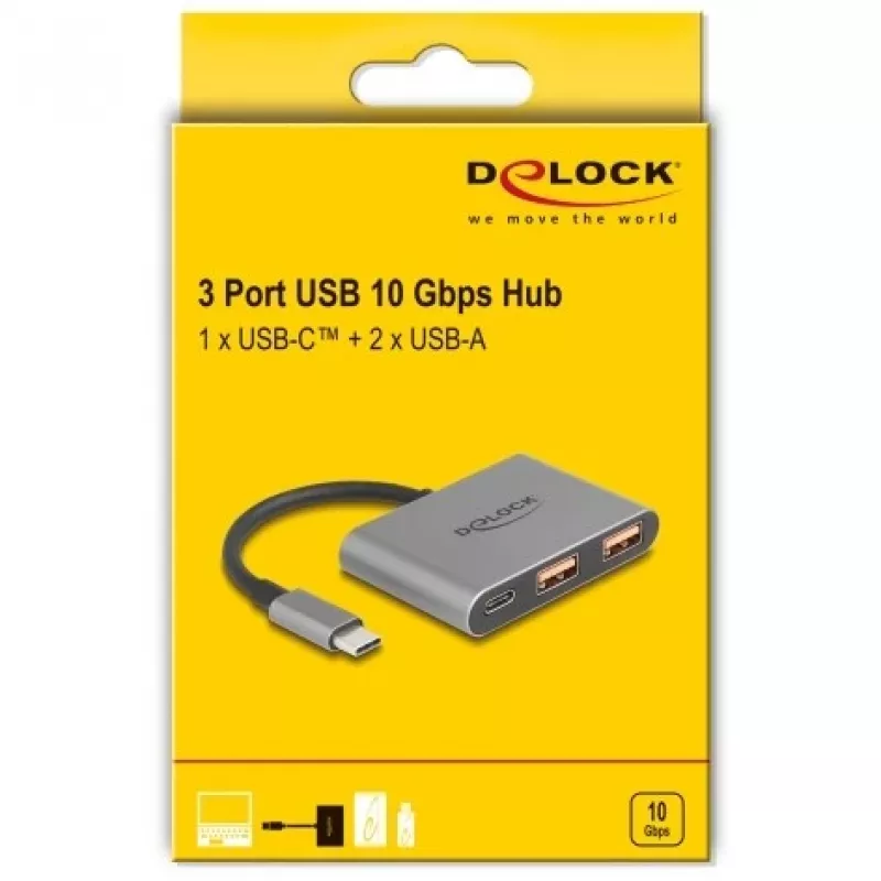 USB hub DELOCK 64337 — USB 3.2 Gen 2 Type-C host, 3 ports (Type-C + 2× Type-A), 10 Gbit/s, grey, metal housing