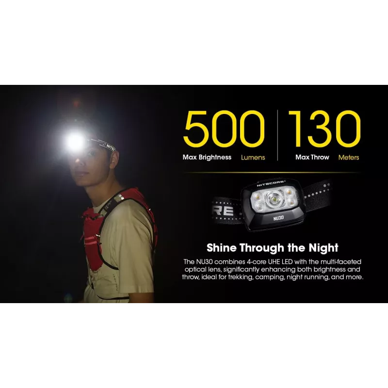Headlamp Nitecore NU30 — compact wearable LED headlamp, up to 500 lumens, multiple output levels, red-light mode