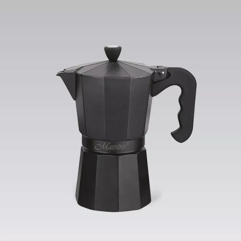 Moka pot Maestro MR-1666-6-BLACK — manual stovetop coffee maker, 6 cups, 300 ml, black aluminium