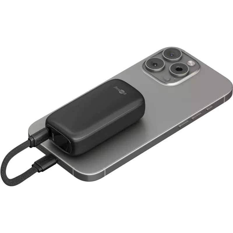 Powerbank 5.000 mAh, integrated USB-C cable 13cm, 20 Watt (black, 5 Ah, 1x USB-A, 1x USB-C, PD, QC)