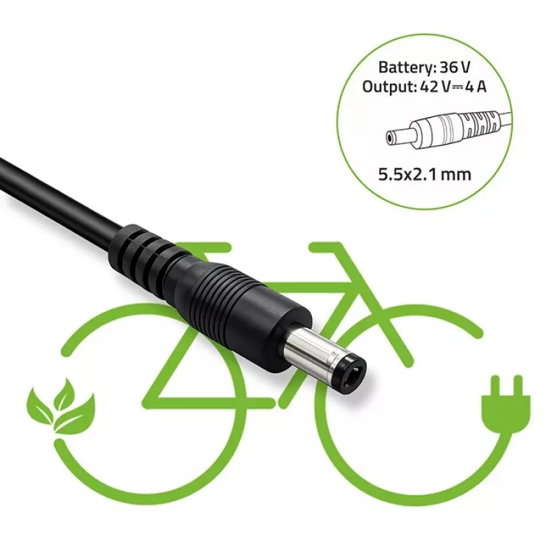 Charger QOLTEC 36V–42V 4A for e-bike, DC plug 5.5×2.1 mm