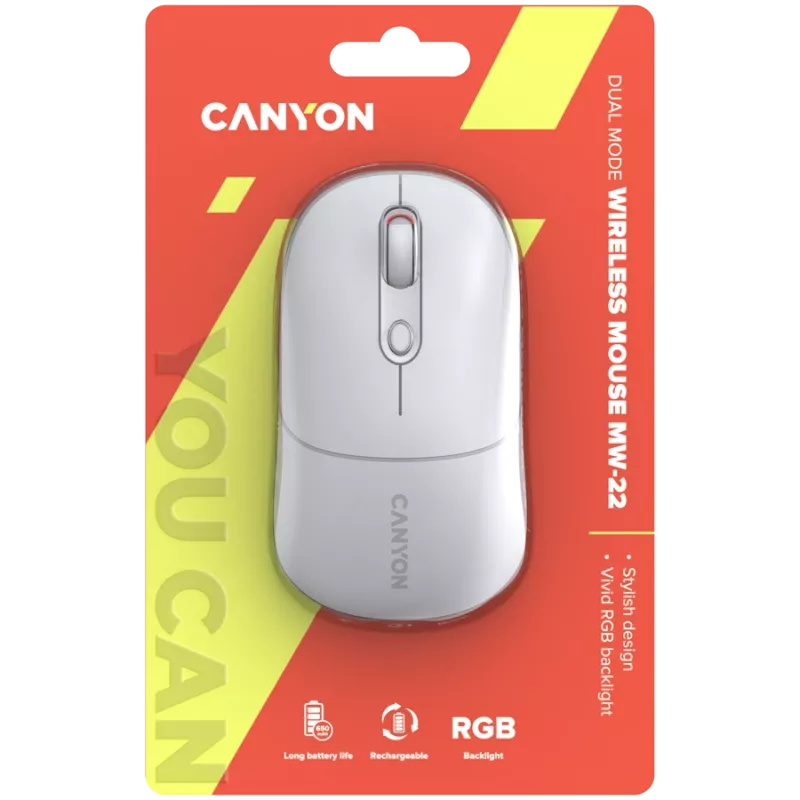 Canyon MW-22 CNS-CMSW22SW Mouse – 2 in 1 Bluetooth/2.4GHz – optical – 800/1200/1600DPI – 4 Buttons – RGB lighting – rechargeable – Snow White